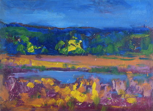 Werkverzeichnis Nr. 1646, um 1993, Gewässer mit Schilf und Wald,  Öl auf Karton, 38,4 x 52,9 cm